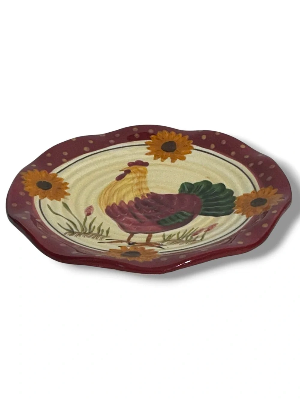 Hand Painted Rooster Sunflowers Decorative Plate Red Cream Yellow Vintage 1990